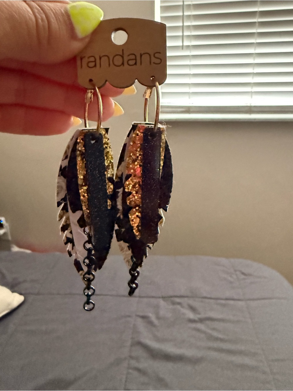 Gold and Black Glitter Feather Drop Earrings by
